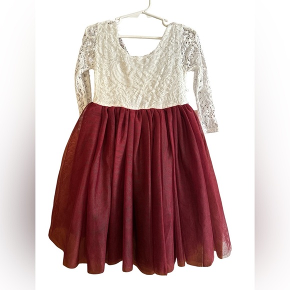 Girls’ Vintage Floral Lace Tulle Tutu 3/4 sleeve knee short. Burgundy size 4T - Picture 1 of 10